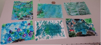 We recreated the painting Water Lilies by Claude Monet using tempera paint. 