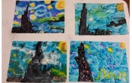 We learned about Vincent Van Gogh.  We used pastels as well as tempera paint to recreate Starry Night.